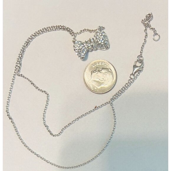 925 Silver Necklace Rhinestones Pave' Bow Pendant Jewelry 16+2" Silver Chain - Picture 4 of 5